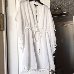 Versatile White Kimono Style Coverup w Pom Poms